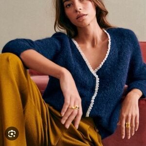 Sezane La Maille Blue V-Neck Sweater with Lace Trim Size Small